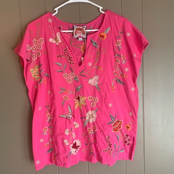 Johnny Was Tops - Johnny Was Suki Easy Paneled V-Neck Pink Floral Embroidered Blouse